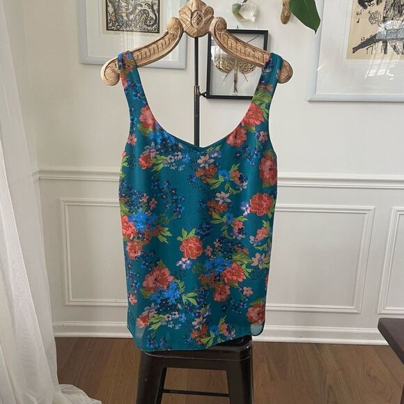 CAbi Still Life Teal Floral Chiffon Cami Tank 3449 L - Picture 1 of 8